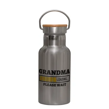 Grandma Loading, Stainless steel metallic thermos flask, silver with a bamboo lid, double-walled, 350ml.