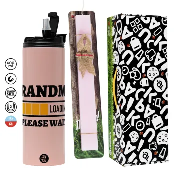 Grandma Loading, Πασχαλινή Λαμπάδα με  ΡΟΖ Travel Tumbler θερμό (600ml, BPA free) & κερί αρωματικό πλακέ (30cm) (ΡΟΖ)