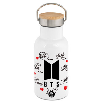 BTS signs, Metallic thermos (Stainless steel) White with wooden lid (bamboo), double-walled, 350ml