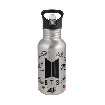 BTS signs, Water bottle Silver with straw, stainless steel 500ml