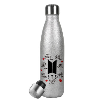 BTS signs, Μεταλλικό παγούρι θερμός Glitter Aσημένιο (Stainless steel), διπλού τοιχώματος, 500ml