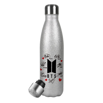 BTS signs, Metallic Glitter Silver Thermos Flask (Stainless steel), double-walled, 500ml