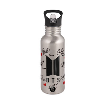BTS signs, Water bottle Silver with straw, stainless steel 600ml