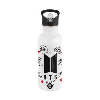 BTS signs, White water bottle with straw, stainless steel 600ml