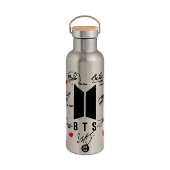 BTS signs, Stainless steel Silver with wooden lid (bamboo), double wall, 750ml