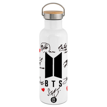 BTS signs, Stainless steel White with wooden lid (bamboo), double wall, 750ml