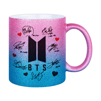 BTS signs, Κούπα Χρυσή/Μπλε Glitter, κεραμική, 330ml