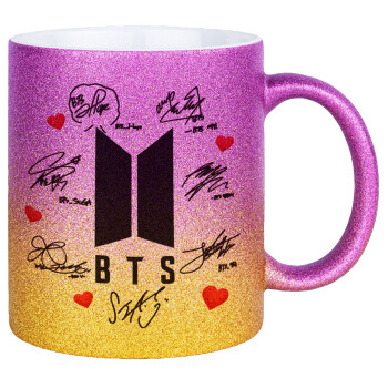 BTS signs, Κούπα Χρυσή/Ροζ Glitter, κεραμική, 330ml