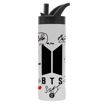 BTS signs, Metallic thermos bottle with straw & handle, stainless steel (Stainless steel 304), double-walled, 600ml.