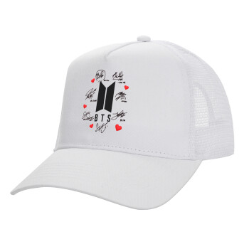BTS signs, Structured Trucker Adult Hat, with Mesh, WHITE (100% COTTON, ADULT, UNISEX, ONE SIZE)