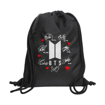 BTS signs, Τσάντα πλάτης πουγκί GYMBAG Μαύρη, με τσέπη (40x48cm) & χονδρά κορδόνια