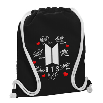 BTS signs, Τσάντα πλάτης πουγκί GYMBAG Μαύρη, με τσέπη (40x48cm) & χονδρά λευκά κορδόνια