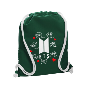 BTS signs, Backpack pouch GYMBAG BOTTLE GREEN, with pocket (40x48cm) & thick white cords
