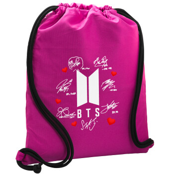 BTS signs, Τσάντα πλάτης πουγκί GYMBAG Φούξια, με τσέπη (40x48cm) & χονδρά κορδόνια