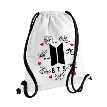 BTS signs, Τσάντα πλάτης πουγκί GYMBAG λευκή, με τσέπη (40x48cm) & χονδρά κορδόνια