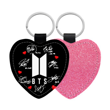 BTS signs, Μπρελόκ PU δερμάτινο glitter καρδιά ΡΟΖ