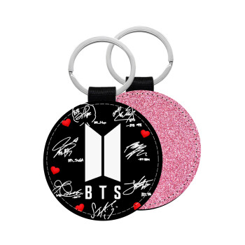 BTS signs, Μπρελόκ Δερματίνη, στρογγυλό ΡΟΖ (5cm)