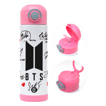BTS signs, Children's hot water bottle, stainless steel, with safety straw, PINK (500ml)