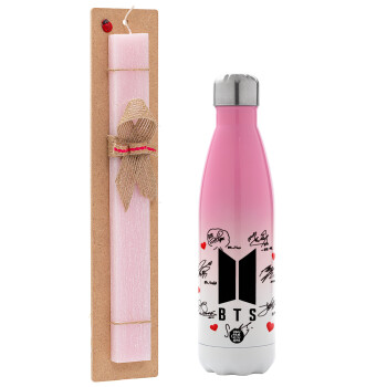 BTS signs, Easter Set, Metallic pink/white (Stainless steel) thermos, double-walled, 500ml & aromatic flat Easter candle (30cm) (PINK)