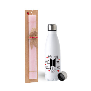 BTS signs, Easter Set, metallic stainless steel water bottle (750ml) & scented flat Easter candle (30cm) (PINK)