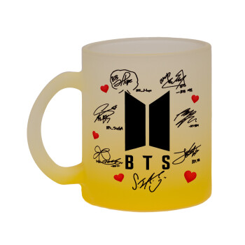 BTS signs, Κούπα γυάλινη δίχρωμη με βάση το κίτρινο ματ, 330ml
