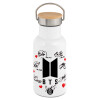 Metallic thermos (Stainless steel) White with wooden lid (bamboo), double-walled, 350ml