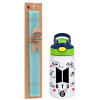 Easter Set, Children's thermal stainless steel bottle with safety straw, green/blue (350ml) & aromatic flat Easter candle (30cm) (TURQUOISE)