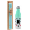 Easter Set, Metallic green/white thermos (Stainless steel), double-walled, 500ml & scented flat Easter candle (30cm) (TURQUOISE)