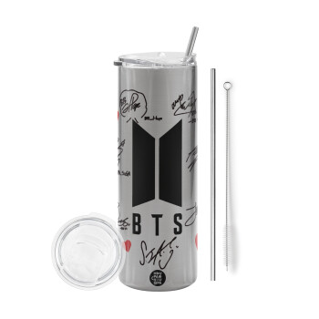 BTS signs, Tumbler stainless steel Silver 600ml, with metal straw & cleaning brush