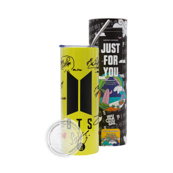 BTS signs, Neon Yellow Travel Tumbler, with metal straw (Stainless steel 304 Food grade, BPA free, 600ml)