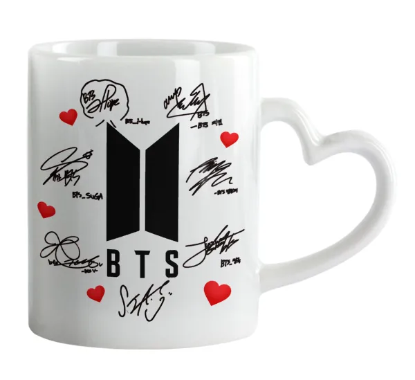 BTS signs — Κούπα καρδιά χερούλι λευκή, κεραμική, 330ml