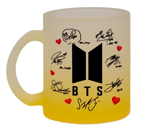 BTS signs — Κούπα γυάλινη δίχρωμη με βάση το κίτρινο ματ, 330ml