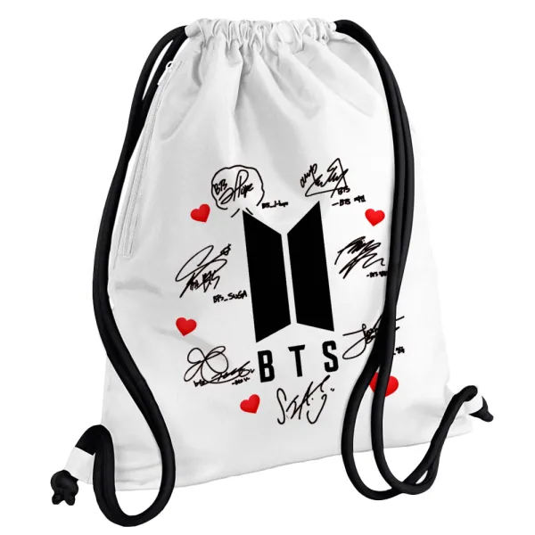 BTS signs — Τσάντα πλάτης πουγκί GYMBAG λευκή, με τσέπη (40x48cm) & χονδρά κορδόνια