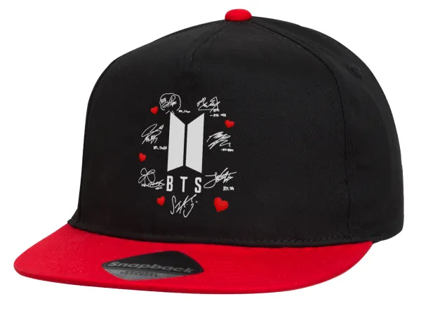 BTS signs — Καπέλο Flat Snapback, Μαύρο/Κόκκινο (100% ΒΑΜΒΑΚΕΡΟ,UNISEX, ONE SIZE)