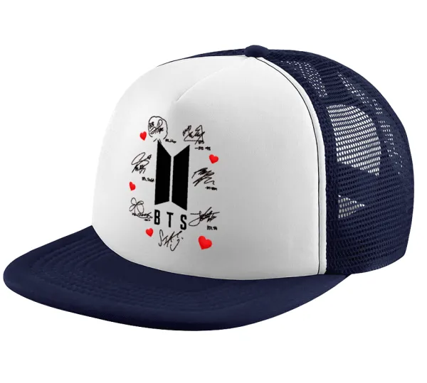 BTS signs — Adult Soft Trucker Hat with Dark Blue/White Mesh (POLYESTER, ADULT, UNISEX, ONE SIZE)