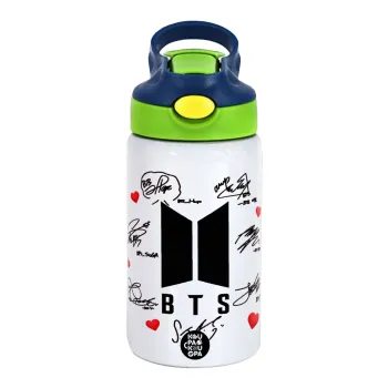 BTS signs, Παιδικό παγούρι θερμό, ανοξείδωτο, με καλαμάκι ασφαλείας, πράσινο/μπλε (350ml)