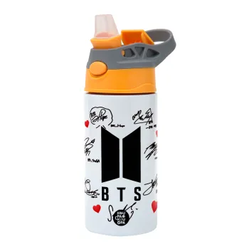 BTS signs, Παιδικό παγούρι θερμό, ανοξείδωτο, με καλαμάκι ασφαλείας, Πορτοκαλί/Γκρι (360ml) BPA-FREE