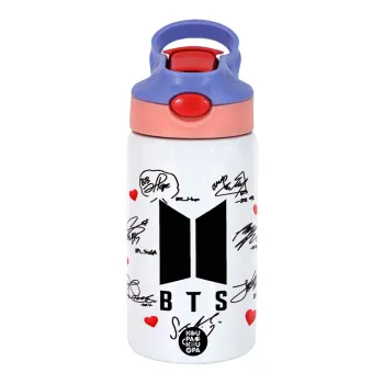 BTS signs, Children's hot water bottle, stainless steel, with safety straw, pink/purple (350ml)