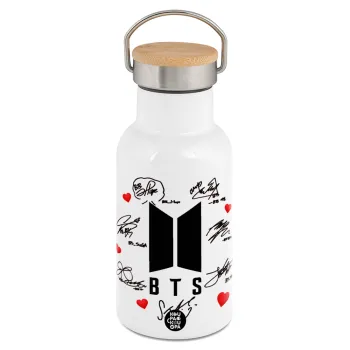 BTS signs, Μεταλλικό παγούρι θερμός (Stainless steel) Λευκό με ξύλινο καπακι (bamboo), διπλού τοιχώματος, 350ml
