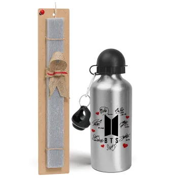 BTS signs, Easter Set, metallic silver aluminum water bottle (500ml) & aromatic flat Easter candle (30cm) (GRAY)