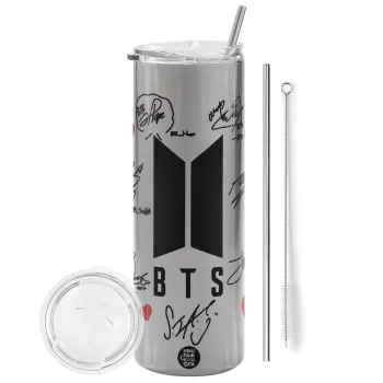 BTS signs, Tumbler ποτήρι θερμό Ασημένιο από ανοξείδωτο ατσάλι 600ml, με μεταλλικό καλαμάκι & βούρτσα καθαρισμού