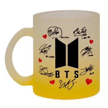 BTS signs, Κούπα γυάλινη δίχρωμη με βάση το κίτρινο ματ, 330ml