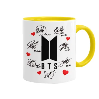 BTS signs, Κούπα χρωματιστή κίτρινη, κεραμική, 330ml