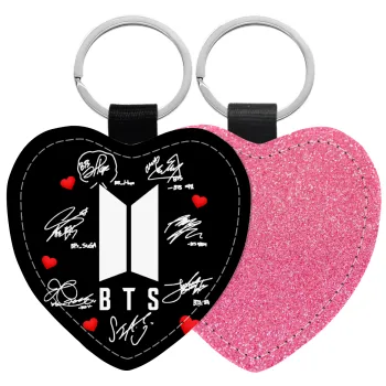 BTS signs, Μπρελόκ PU δερμάτινο glitter καρδιά ΡΟΖ