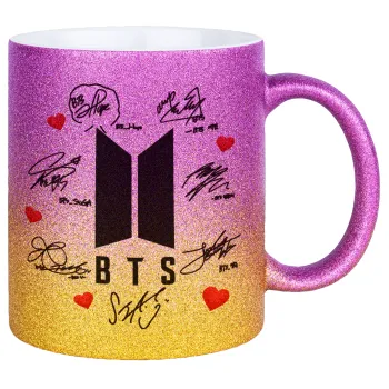 BTS signs, Κούπα Χρυσή/Ροζ Glitter, κεραμική, 330ml