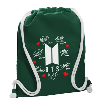 BTS signs, Τσάντα πλάτης πουγκί GYMBAG BOTTLE GREEN, με τσέπη (40x48cm) & χονδρά λευκά κορδόνια