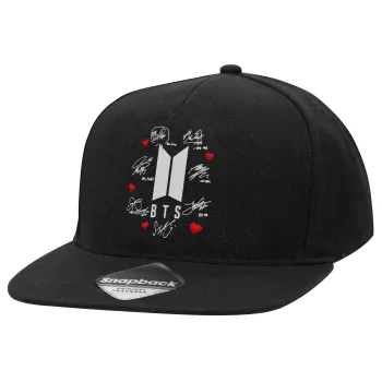 BTS signs, Καπέλο Ενηλίκων Flat Snapback Μαύρο, (100% ΒΑΜΒΑΚΕΡΟ TWILL, ΕΝΗΛΙΚΩΝ, UNISEX, ONE SIZE)