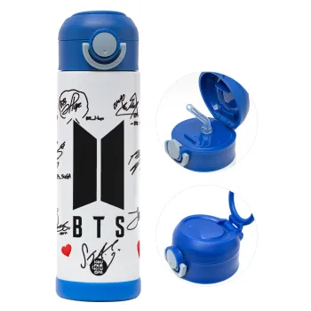 BTS signs, Παιδικό παγούρι θερμό, ανοξείδωτο, με καλαμάκι ασφαλείας, ΜΠΛΕ (500ml)