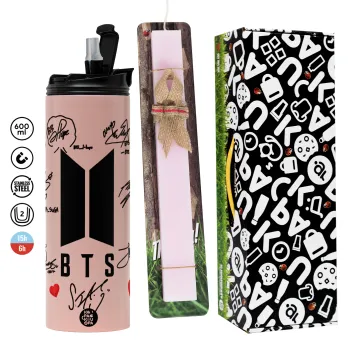BTS signs, Easter candle,Travel Tumbler 2 Lids, with metal straw & cleaning brush & aromatic flat candle (30cm) (PINK)
