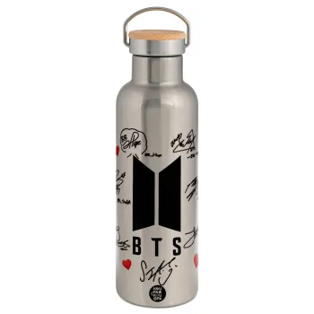 BTS signs, Stainless steel Silver with wooden lid (bamboo), double wall, 750ml